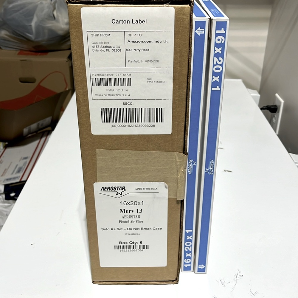 Aerostar Merv 13, 16x20x1 air filters.  6 in unopened box and 2 extra.